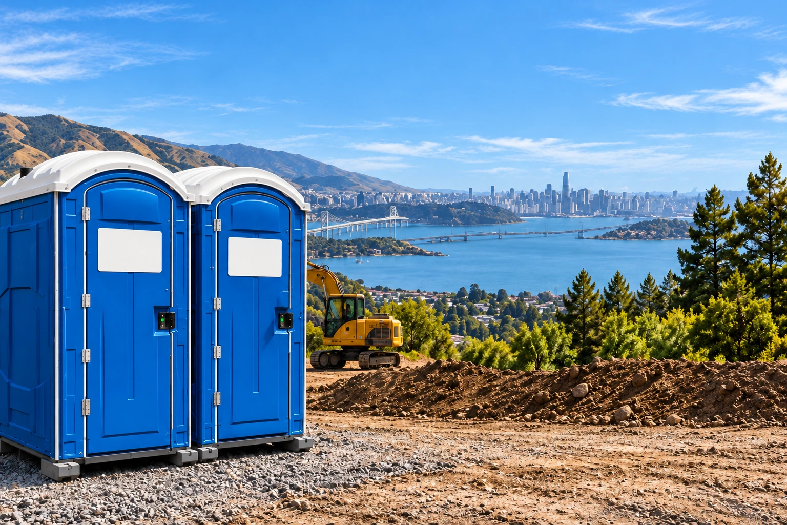 Baños portátiles azules en un entorno de construcción, junto a una bahía y montañas